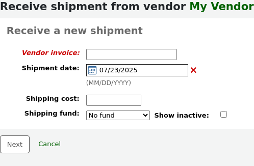 Receive a new shipment form