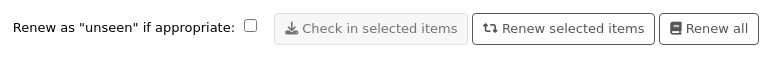 Three buttons: 'Check in selected items', 'Renew selected items' and 'Renew all'