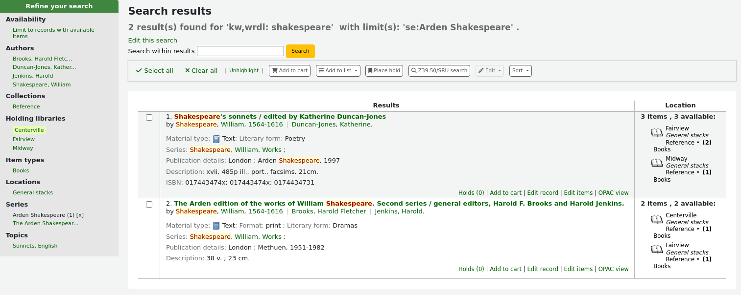 Search results screen, 6 results found for 'shakespeare'
