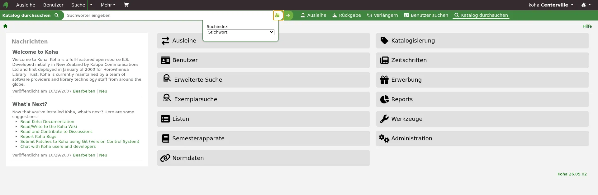 Wenn IntranetCatalogSearchPulldown auf „Zeige“ festgelegt ist, erscheint neben dem Suchfeld eine Drop-down-Liste der Indizes