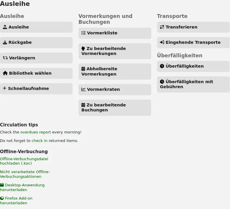 Screenshot, der zeigt, wo der Inhalt von IntranetCirculationHomeHTML auf der Startseite der Ausleihe erscheint, unter den Aktionsschaltflächen für die Ausleihe und über den Links zur Offline-Ausleihe