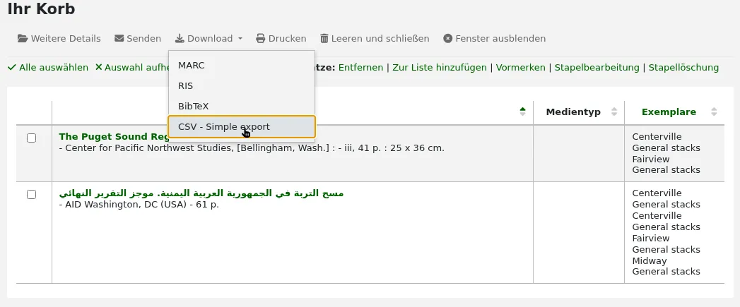 View of the cart with the 'Download' button open and "CSV - Simple export" is selected, other options are iso2709, RIS, and BibTeX.