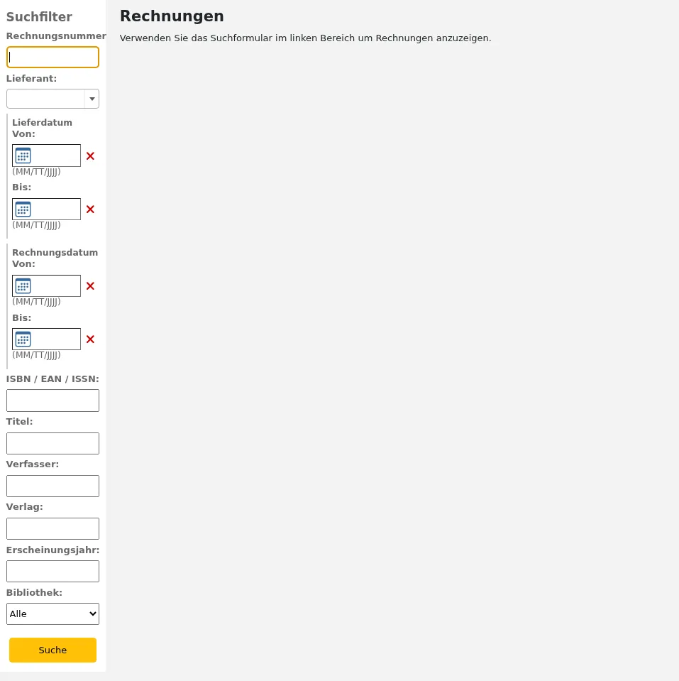 Suchformular für Rechnungen, zusätzliche durchsuchbare Felder sind in dieser Suche verfügbar