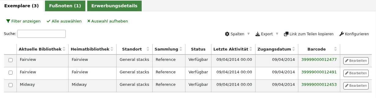 Exemplartabelle in der Detailansicht des Titels