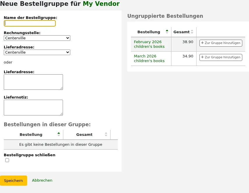 Formular zur Erstellung neuer Warenkorb-Gruppen