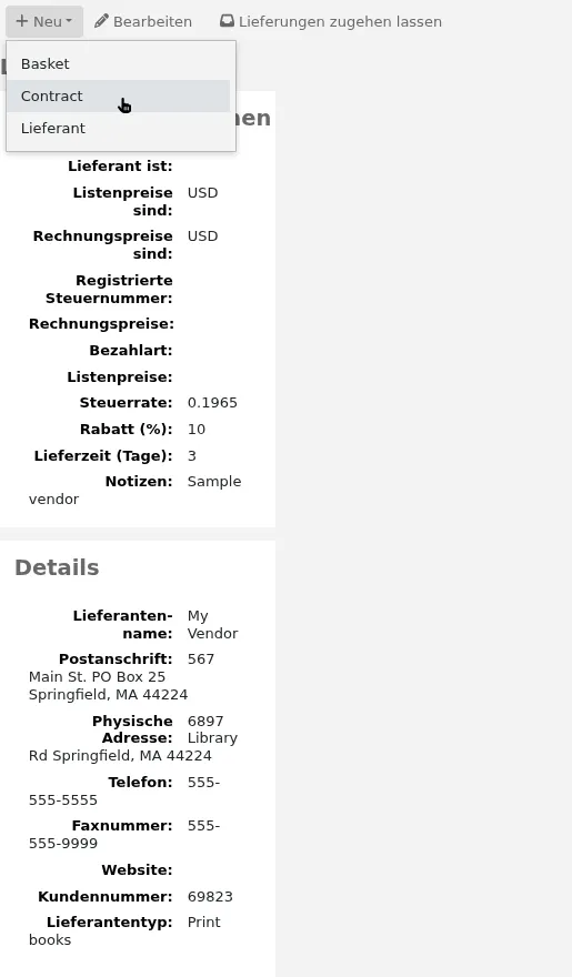 Die Option „Vertrag“ in der Schaltfläche „Neu“ auf der Seite des Lieferanten