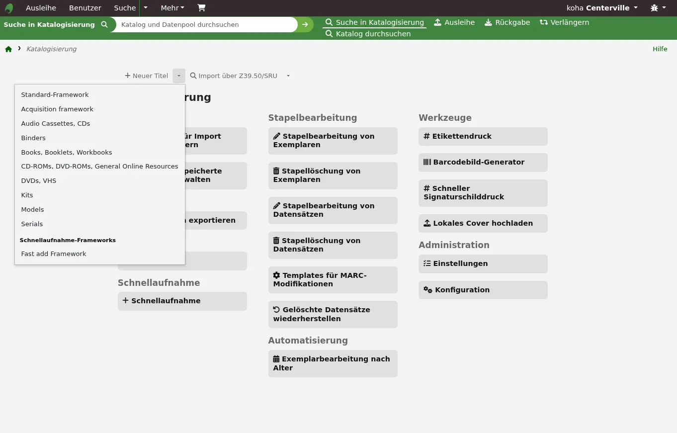 Wenn Sie auf den Pfeil neben der Schaltfläche „Neuer Datensatz“ klicken, öffnet sich eine Auswahl an bibliografischen Frameworks