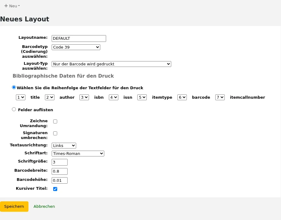Formular für neue Etiketten-Layouts