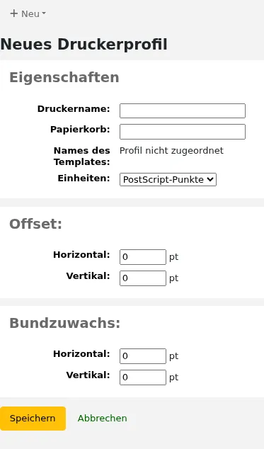 Formular für ein neues Drucker-Profil
