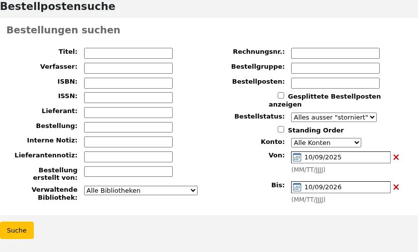 Das Formular für die erweiterte Bestellungssuche