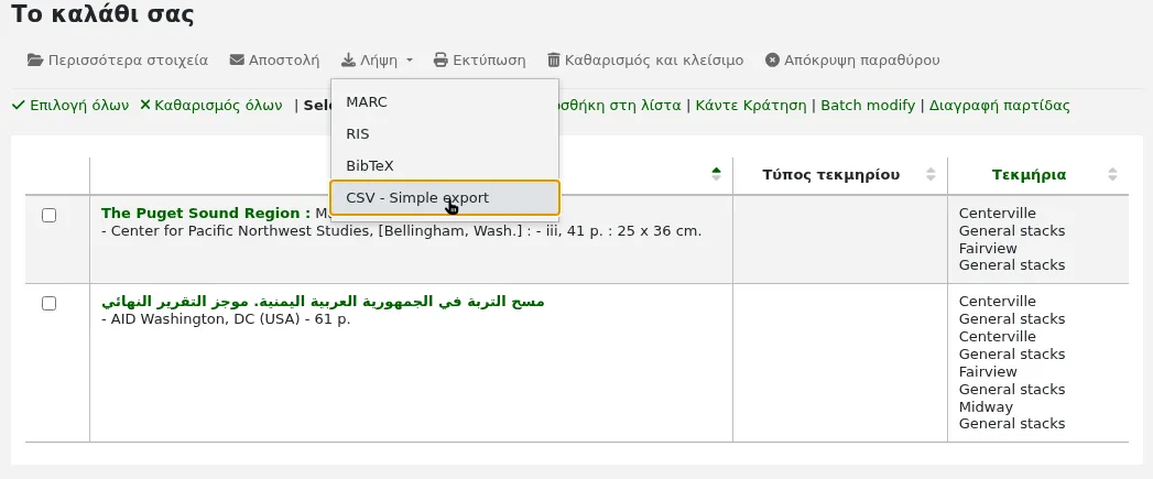 View of the cart with the 'Download' button open and "CSV - Simple export" is selected, other options are iso2709, RIS, and BibTeX.