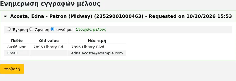 Αιτήματα επιβεβαίωσης για την ενημέρωση των εγγραφών των μελών στο διαχειριστικό περιβάλλον