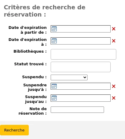 Batch holds modification search form with fields "Expiration date from:", "Expiration date to:", "Libraries:", "Found status:", "Suspended:", "Suspended until from:", "Suspended until to:" and "Hold note:". All fields are empty.