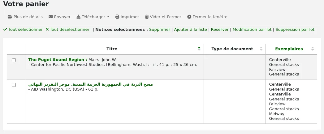 Vue de 'Votre panier' montrant la liste des titres et de fonctions