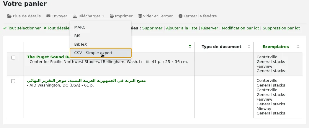 View of the cart with the 'Download' button open and "CSV - Simple export" is selected, other options are iso2709, RIS, and BibTeX.