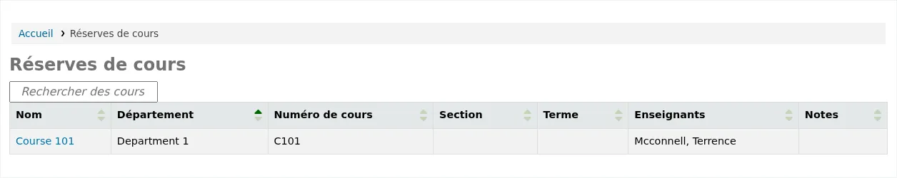 Page des réserves de cours à l'OPAC affichant les cours disponibles dans un tableau