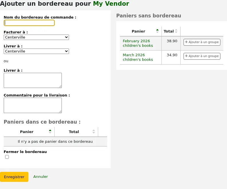 Formulaire de création d'un bordereau de commande
