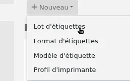 'New' menu in the label creator page is opened and the mouse cursor is on the 'Label batch' option