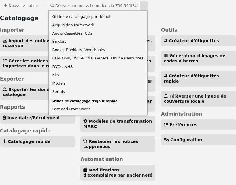 A choice of bibliographic frameworks opens when the arrow next to the 'New from Z39.50/SRU' button is clicked