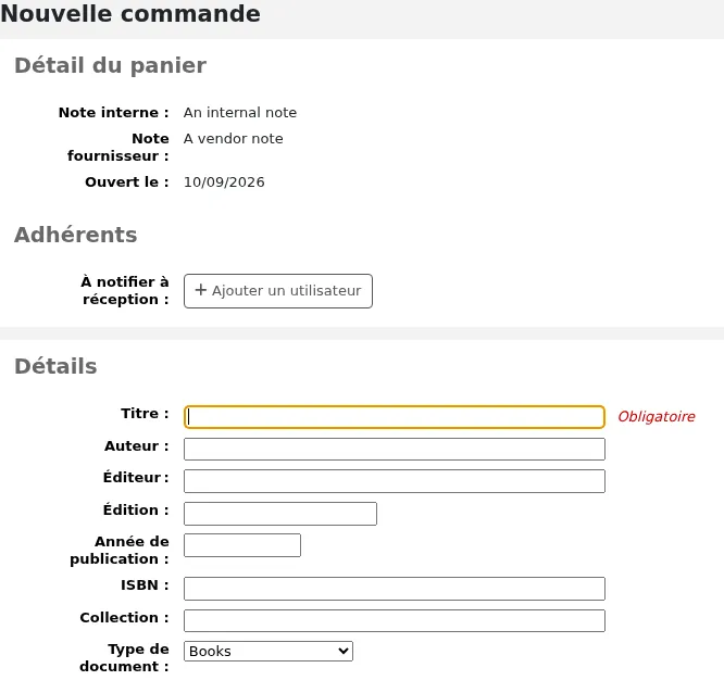 Formulaire de commande avec des champs de notice vides