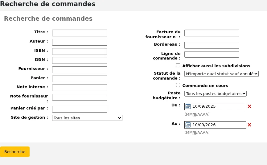Le formulaire de recherche avancée de commandes