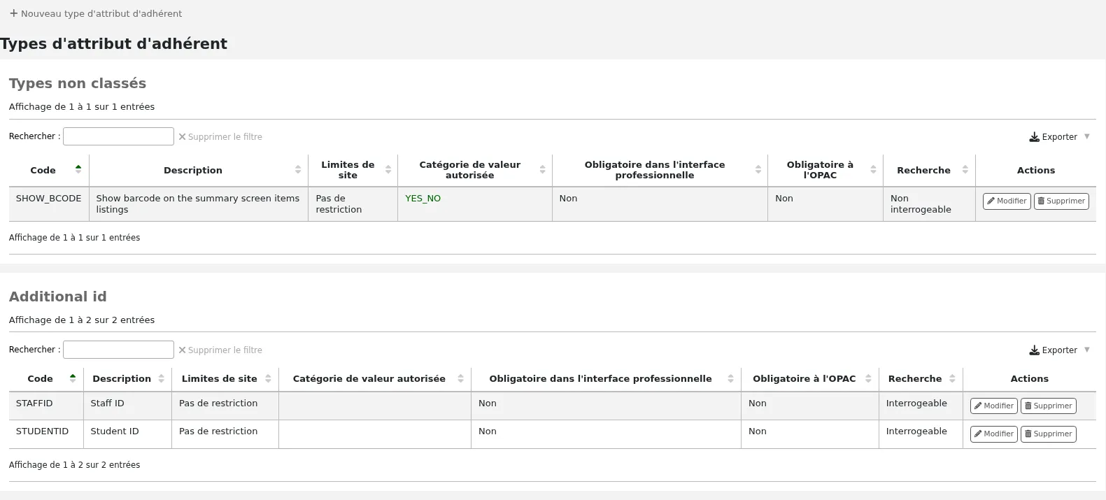 Tables of all patron attribute types already set up, separated in two tables, 'Unclassified types' and 'Additional ID'