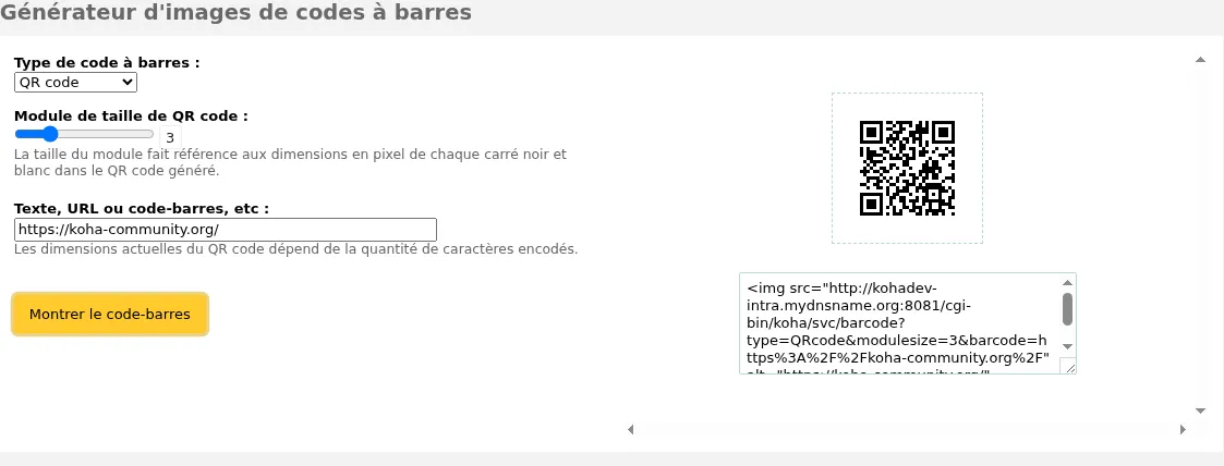 Barcode generator tool, on the right there is a qr code image and an HTML img tag