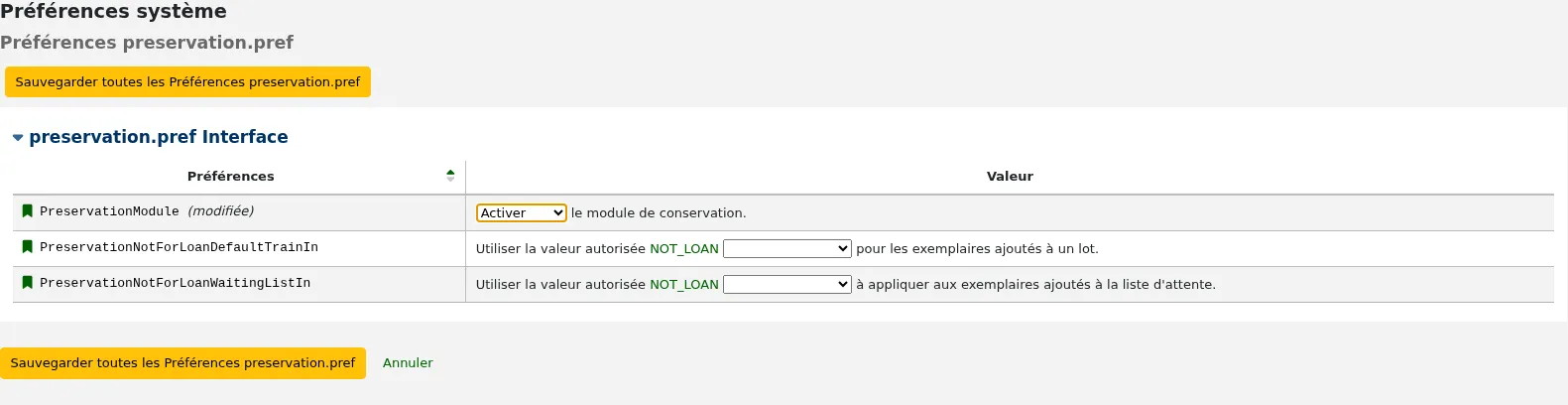 Capture d'écran des préférences système Fonctionnalités de la rubrique Comptabilité. Il y a un marqueur (modifié) à côté de AutoCreditNumber et un bouton en haut du tableau 'Sauvegarder toutes les préférences Comptabilité'