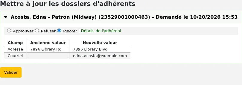 Confirmer les demandes de mise à jour des notices d'adhérents dans l'interface professionnelle