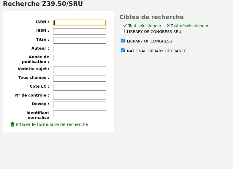 Z39.50 search form, search fields on the left, Z39.50 targets on the right