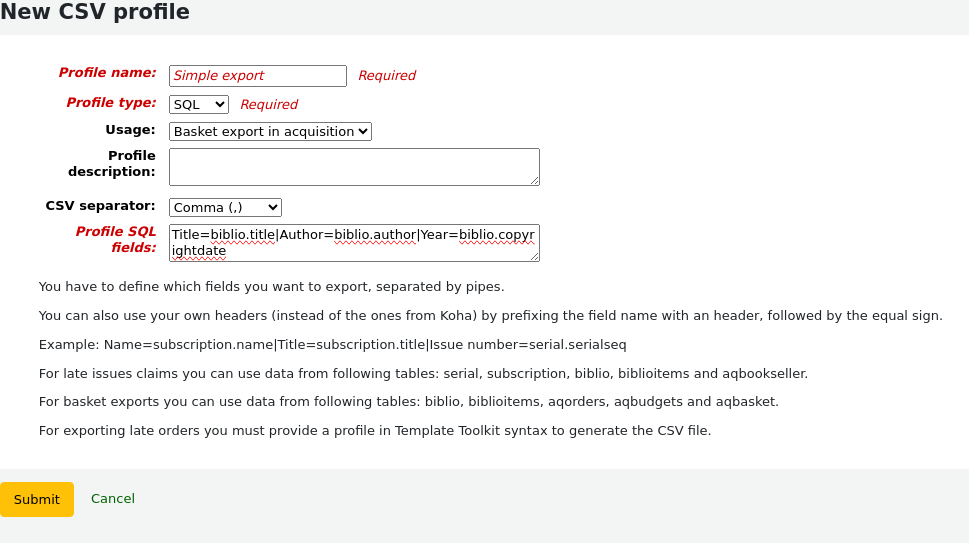 Add new CSV profile form filled with SQL information