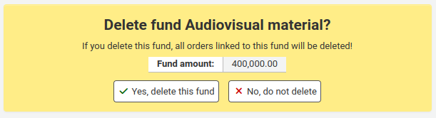 Warning reading "Delete fund Audiovisual material? If you delete this fund, all orders linked to this fund will be deleted! Fund amount: 400,000.00", options are "Yes, delete this fund" and "No, do not delete"