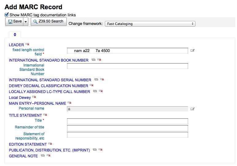 Basic cataloging editor open with the Fast cataloging framework
