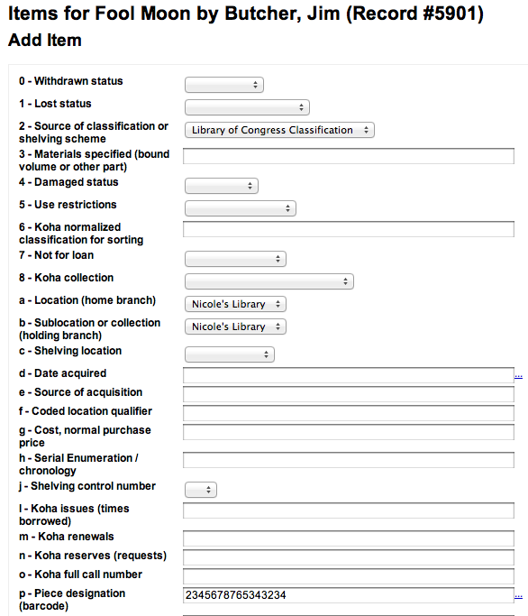 Item form in the cataloging editor with the Fast cataloging framework