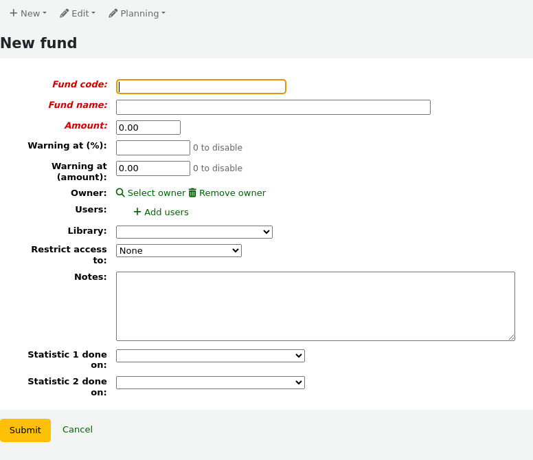 Form to add a new fund