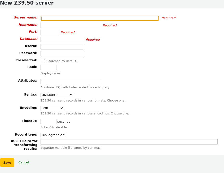 New Z39.50 server form