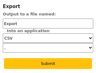 The Export options for the budget planning, the fields are Output to a file named (set to Export by default), Into an application (set to CSV by default) and an unnamed field for the CSV separator (set to a comma by default).