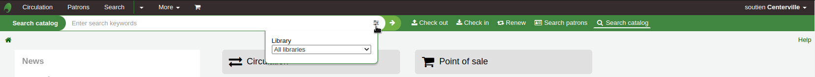 Menu and search bar at the top of the page in the staff interface, the Search catalog option is selected, the mouse cursor is on the settings icon and there is a library drop-down menu