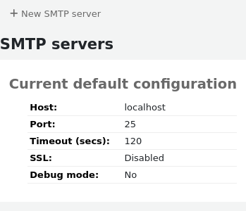 Main page of the SMTP servers configuration section, there are no servers except the default