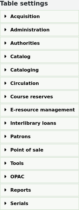 Screenshot of the Table settings page, where we can see all the modules of Koha that have customizable tables