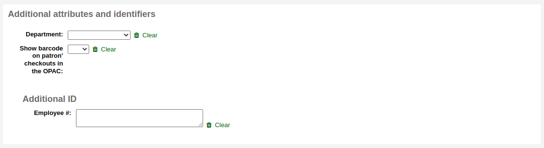 'Additional attributes' section of the patron form, there is one attribute called 'Department' with a drop-down menu, a subheading 'Additional ID', with another attribute called 'Employee #'