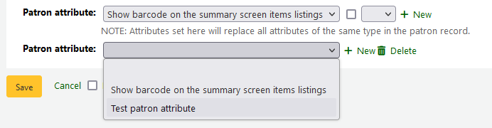 A new field for patron attributes is created in the batch patron modification form and the drop down selection of patron  attributes is shown