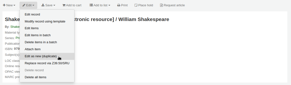 Edit menu of a bibliographic record is open, the mouse cursor is on the 'Edit as new (duplicate)' option