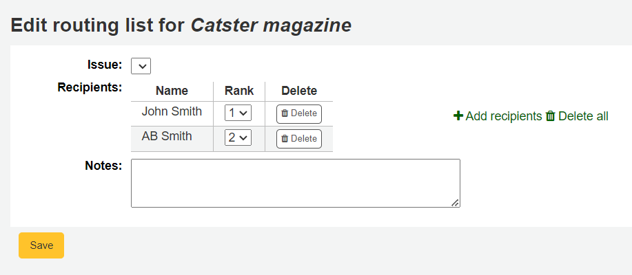 Editing routing list form