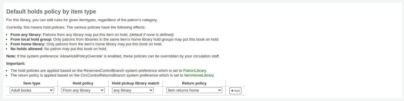 Default holds policy by item type section of the circulation rules