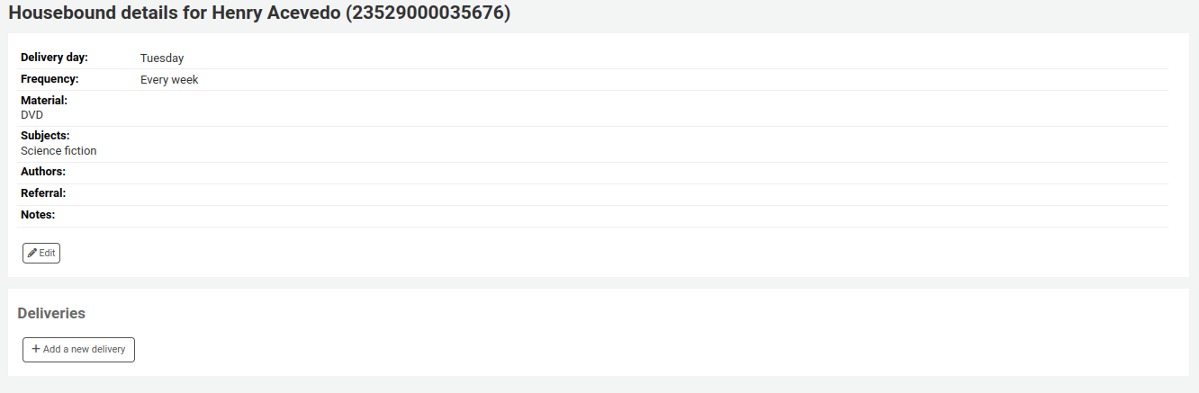 Housebound profile in a patron's file. Under the preferences (delivery day, frequency, preferred materials, etc.), there is a 'Deliveries' section, with a 'Add a new delivery' button