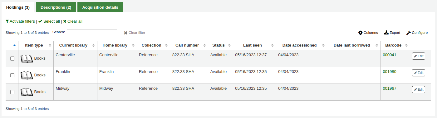 Holdings table in a detailed record