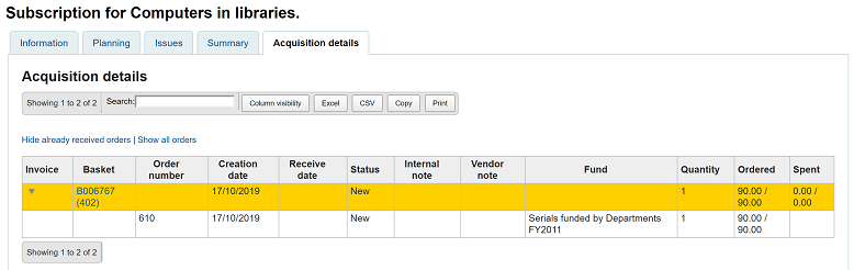 Acquisitions details tab in a bibliographic record attached to a serial subscription