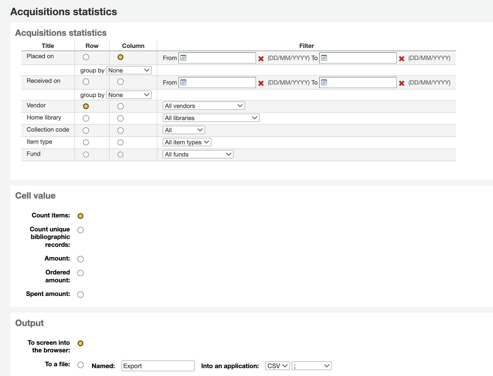 Using the form provided, choose which value you would like to appear in the column and which will appear in the row.