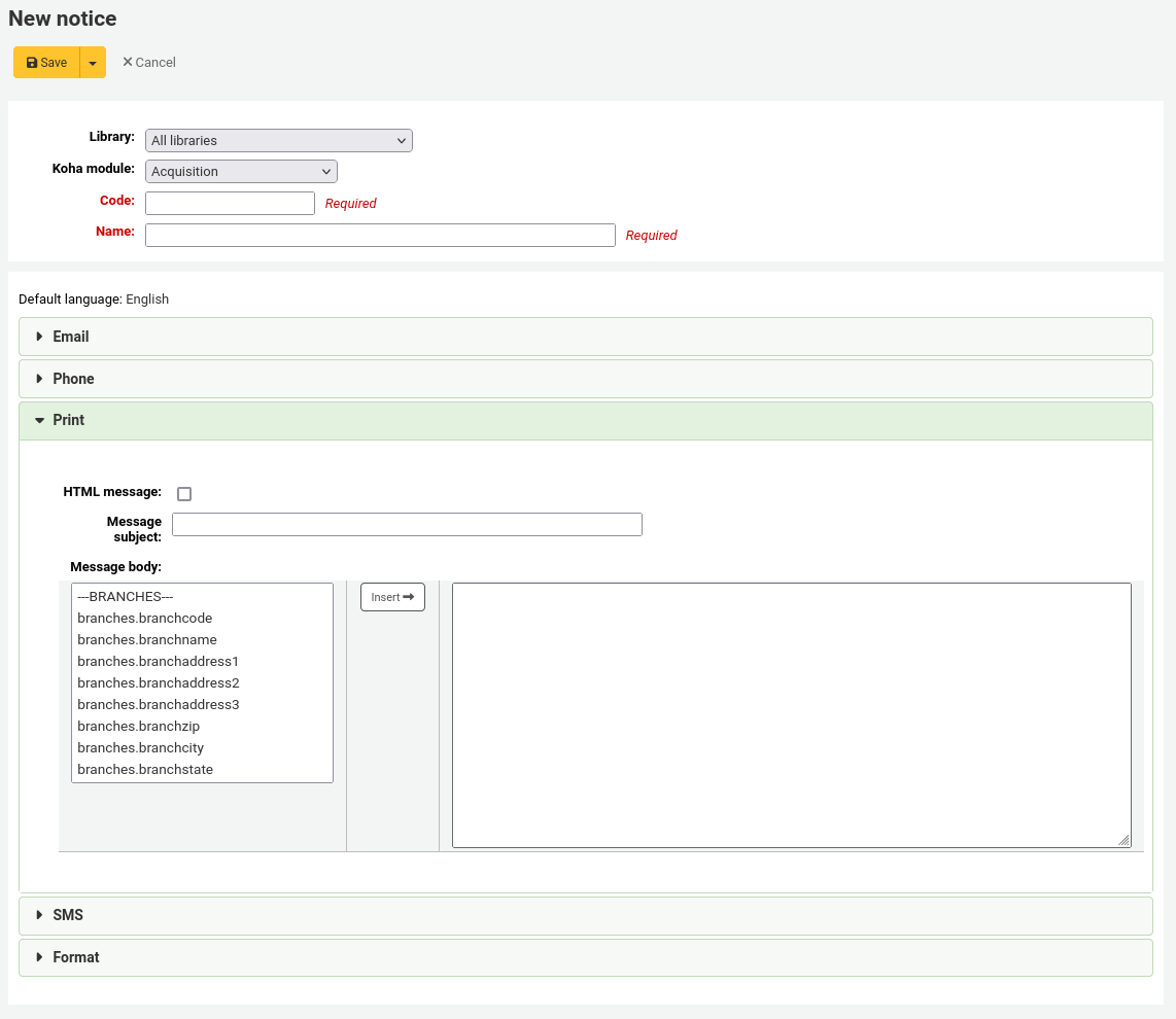 Form to create a new notice, the Print section is expanded